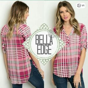 Pink plaid 3/4 sleeve tunic Top
